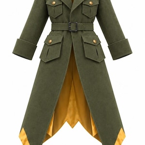 May include: An olive green long coat featuring a mustard yellow lining, a belted waist, four front pockets with gold-toned buttons, shoulder epaulets, and pointed hem details. The coat has long sleeves with cuffs and a structured collar.