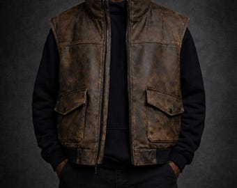 Oversized Distressed Leather Vest – Unisex Streetwear Techwear Vest, Vintage Washed Utility Jacket