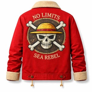 May include: Red jacket with a tan collar and cuffs. The back features a skull wearing a yellow hat, crossed bones, and the words "NO LIMITS" and "SEA REBEL" in white lettering. The jacket has two tan drawstrings at the bottom.