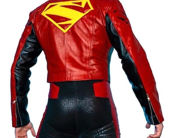 Chaqueta de cuero inspirada en el disfraz de cosplay de Superman de Jon Kent / Traje de cosplay para Comic Con / Regalo para hijo, jugador de videojuegos