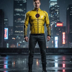 Pode incluir: Uma pessoa vestindo uma jaqueta de couro amarela com detalhes em preto e um emblema vermelho e preto no peito. A pessoa também está usando jeans pretos e botas pretas. O fundo apresenta uma paisagem urbana noturna.