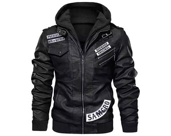 Chaqueta de cuero para motocicleta inspirada en SOA hecha a mano / Chaqueta bomber con capucha para motociclista