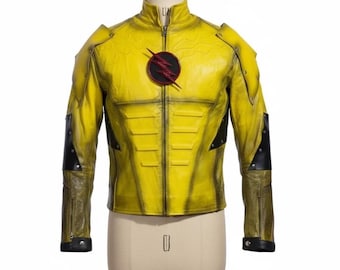 Chaqueta de cuero amarilla inspirada en Reverse Speedster / Disfraz de superhéroe villano para cosplay / Comic Con y Halloween
