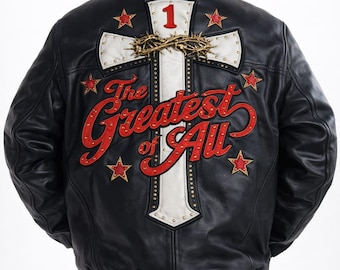 Chaqueta de cuero GOAT Immortal, cruz bordada, el más grande de todos, estilo Detroit vintage de 1978.