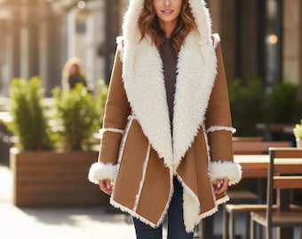 Abrigo de piel de ante con forro de borrego – Chaqueta de invierno con capucha para mujer con capucha de piel sintética