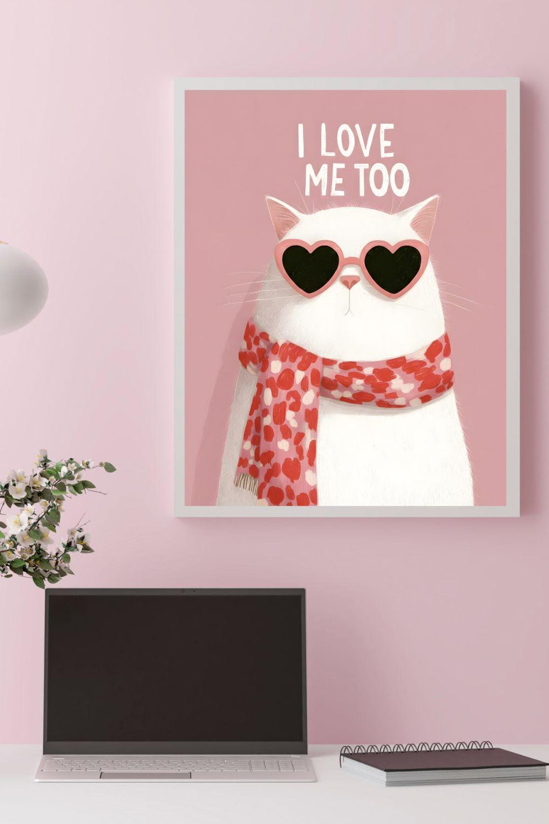 I Love Me Too White Cat Wall Art, Funny Kitten in Heart Sunglasses ...