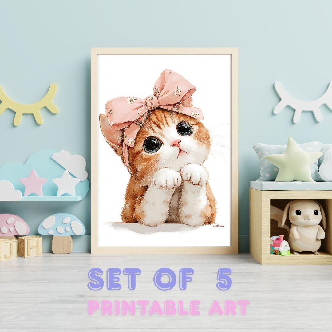 Cute Ginger Kitten Wall Art Set of 5, Pink Bow Cat Prints, Nursery Room ...