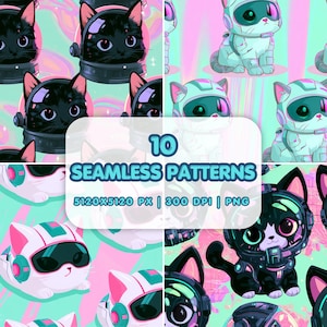 May include: A digital graphic featuring 10 seamless patterns of cats wearing space helmets and futuristic gear. The background displays vibrant mint green and pink hues. Text in the center reads 10 SEAMLESS PATTERNS 5120X5120 PX | 300 DPI | PNG.