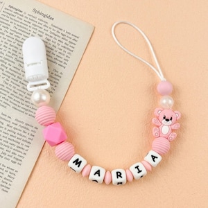 Clip para chupete personalizado, soporte para chupete con nombre personalizado, soporte de silicona con dije de oso, regalo para recién nacido, regalo para baby shower, libre de BPA.