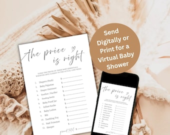 Juego de baby shower "El precio es justo", juego de adivinar el precio en Canva, actividad minimalista para baby shower, juego imprimible para baby shower mixto de género neutro