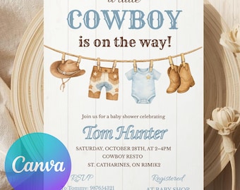 Invitación de baby shower de vaquero en Canva, invitación "El pequeño vaquero está en camino", baby shower de niño del oeste, invitación rústica para baby shower campestre