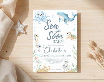 Sea You Soon Baby Shower Invitation, Under the Sea Baby Shower Invite Canva, Ocean Animals Boy Shower, Whale Turtle Beach Baby Shower