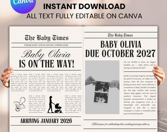 Anuncio de embarazo en periódico Canva / Anuncio de bebé vintage grande / Plantilla editable para baby shower