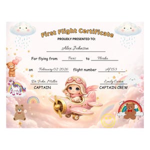 My First Flight Certificate, Baby First Flight Canva Template, Kids Travel Milestone Award, First Airplane Ride Keepsake, Girl Pilot Pink image 2
