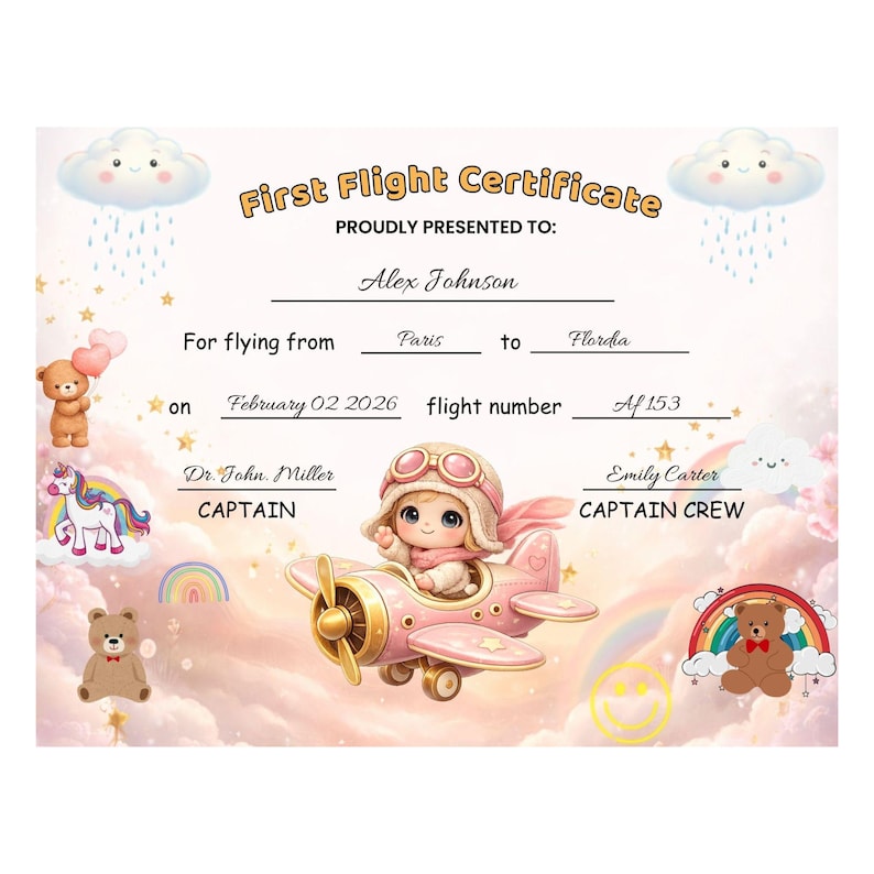 My First Flight Certificate, Baby First Flight Canva Template, Kids Travel Milestone Award, First Airplane Ride Keepsake, Girl Pilot Pink image 2