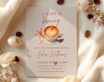 Invitación para baby shower "Un bebé está en ciernes" en Canva, paquete de invitaciones para baby shower de café, brunch neutro, plantilla para baby shower de café