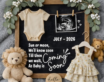 Plantilla editable para anuncio de bebé / Revelación de embarazo neutral en cuanto al género / Publicación digital minimalista para anuncio de bebé en 2026 en redes sociales