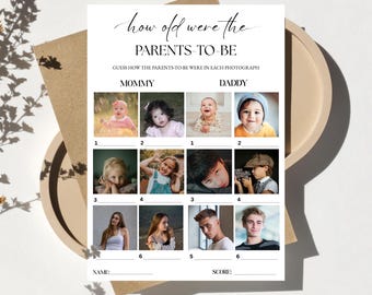 How Old Were The Parents To Be Baby Shower Game, Guess the Age Photo Game Canva, How Old Were They, Coed Baby Shower Game, 3 Sizes