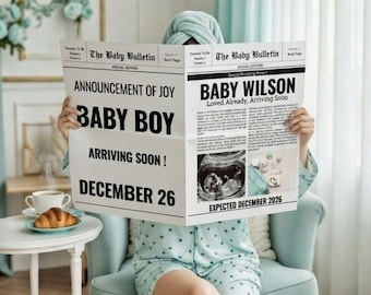 Plantilla de periódico para anuncio de embarazo en Canva, boletín de bebé en periódico grande, revelación del género de un niño, recuerdo de la llegada de un bebé