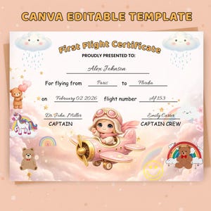 My First Flight Certificate, Baby First Flight Canva Template, Kids Travel Milestone Award, First Airplane Ride Keepsake, Girl Pilot Pink image 1