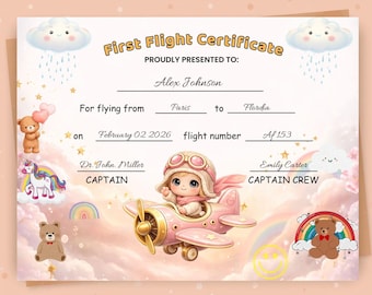 My First Flight Certificate, Baby First Flight Canva Template, Kids Travel Milestone Award, First Airplane Ride Keepsake, Girl Pilot Pink