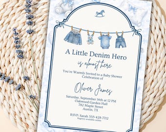 Invitación para baby shower de mezclilla azul, invitación para baby shower de mezclilla en Canva, baby shower de niño héroe de mezclilla, invitación con tendedero y chispas para bebé.