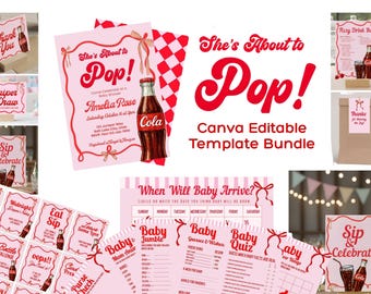 Paquete de baby shower "She's About To Pop" en Canva, letreros de juegos para baby shower con refrescos, invitación retro para baby shower con refrescos de cola, baby shower de chica de bar de refrescos sucia