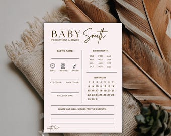 Tarjeta de predicciones y consejos para bebés, juego minimalista para baby shower, deseos para el bebé, tarjeta de recuerdo editable para baby shower, género neutro