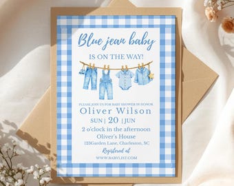 Invitación para baby shower de niño con jeans azules, invitación de baby shower de mezclilla en Canva, bebé con jeans azules en camino, tendedero de cuadros vichy para bebé.