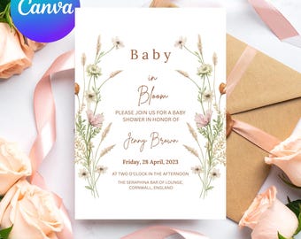 Invitación para baby shower "Bebé en flor", invitación floral de flores silvestres, baby shower de flores de acuarela de primavera, plantilla editable de Canva