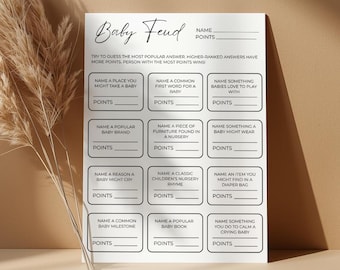 Juego imprimible para baby shower, juego con respuestas, juegos minimalistas para baby shower, juego para baby shower de género neutro, trivia sobre bebés