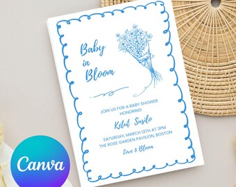 Invitación para baby shower "Bebé en flor" / Invitación floral editable / Plantilla para baby shower de niño dibujada a mano de 5x7