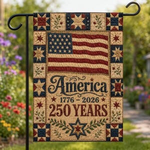 May include: A rectangular garden flag featuring a quilted-style border with blue and red star patterns. The center displays an American flag above the text America 1776-2026 250 YEARS in dark blue and red lettering, accented by a central star and foliage.
