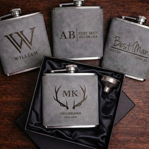 Personalized Grey Leather Hip Flask, Engraved Groomsmen Gift
