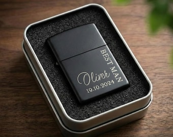 Accendino a olio personalizzato con tappo a ribalta nero opaco, iniziali/nome incisi personalizzati, regalo per testimone dello sposo, papà e marito, in scatola di latta o regalo