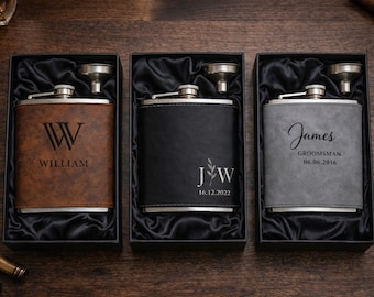 Personalized Leather Hip Flask for Men, Custom Name Engraved Groomsmen Gift, Best Man Gift, Wedding & Bachelor Party Proposal Gifts