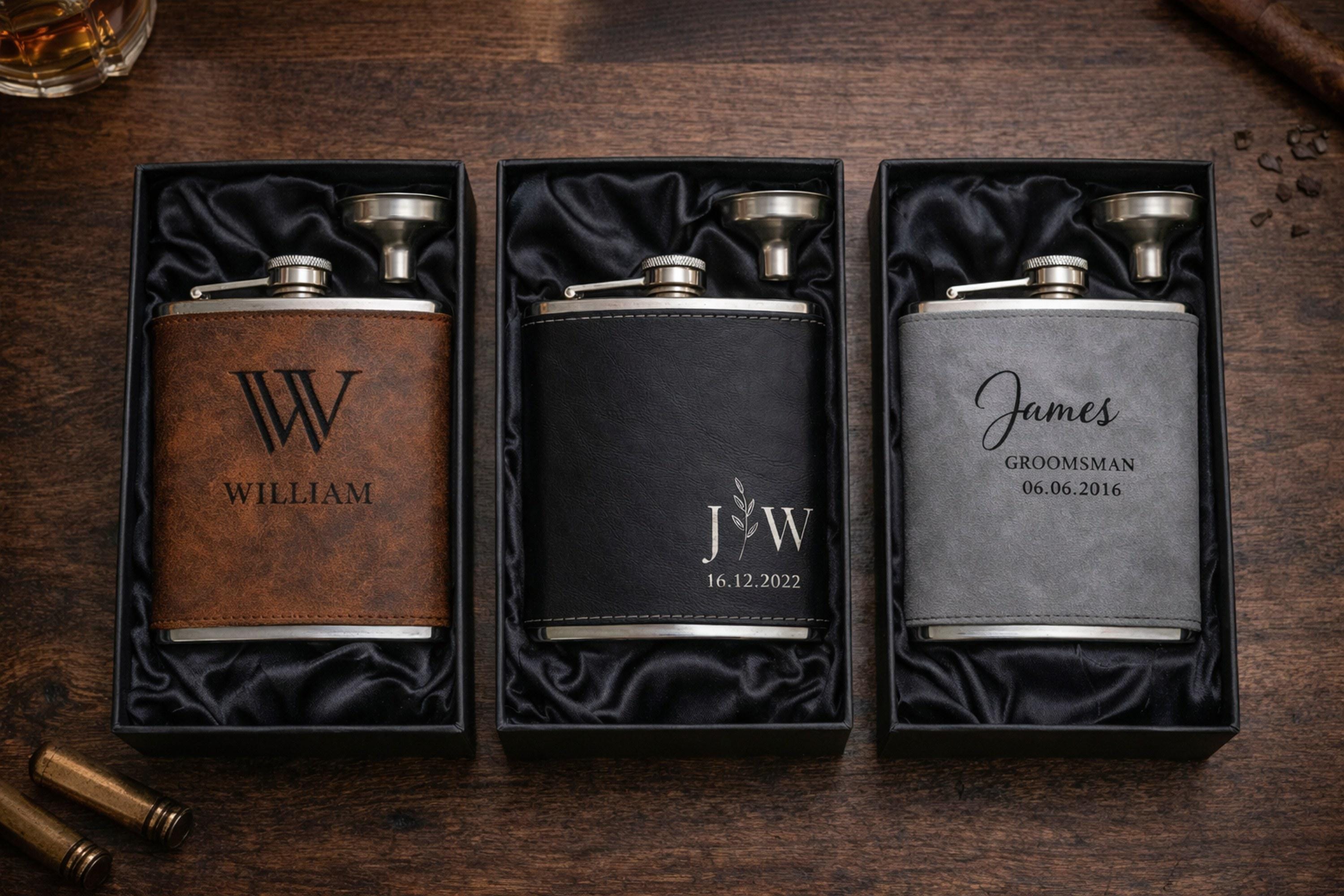 Personalized Leather Hip Flask for Men, Custom Name Engraved Groomsmen Gift, Best Man Gift, Wedding & Bachelor Party Proposal Gifts