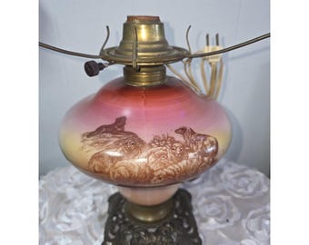 Antique Victorian Parlor Oil Lamp Base Sheep Sheepdog GUC