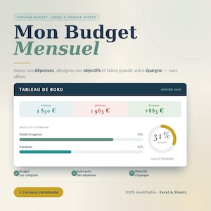 Peut inclure: Un modèle de tableur de budget mensuel numérique pour Excel et Google Sheets intitulé Mon Budget Mensuel. Le tableau de bord affiche les données financières de janvier 2026, incluant revenus, dépenses, épargne et barres de progression.