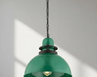 Modern Pendant Light: Green, Orange & Yellow Metal Bowl Light Fixture