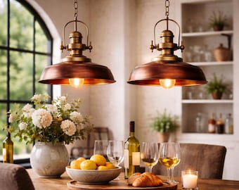 Copper Color Pendant Light: Rustic Industrial Ceiling Light with Gold Interior for Kitchen Lighting