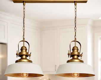 Handmade White & Gold Dome Double Pendant Light – Farmhouse Lighting