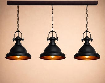 Handmade Three-Light Industrial Pendant Light – Black & Gold Kitchen Island Lamp