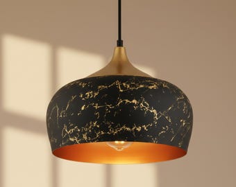 Marble Pendant Light: Black Pendant Lamp with Gold Interior & Modern Bowl Shade