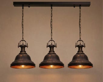 Three-Light Vintage Patina Pendant Light – Rustic Industrial Ceiling Lamp with Gold Interior for Kitchen Island & Cafe