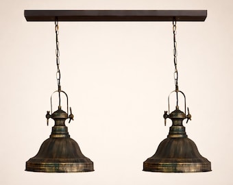 Handmade Patina Double Pendant Light – Industrial Style Kitchen Island Lighting