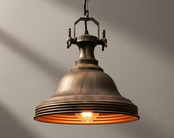 Vintage Patina Pendant Light: Rustic Industrial Ceiling Lamp with Gold Interior
