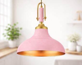 Pink Pendant Light: Gold Interior Hanging Lamp with Vintage Light Style & Metal Bowl Shade
