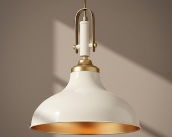 White Pendant Light: Gold Interior Hanging Lamp with Vintage Light Style & Metal Bowl Shade