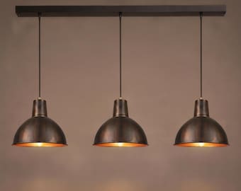 Handmade Three-Light Aged Copper Color Kitchen Island Pendant Light: Gold Interior
